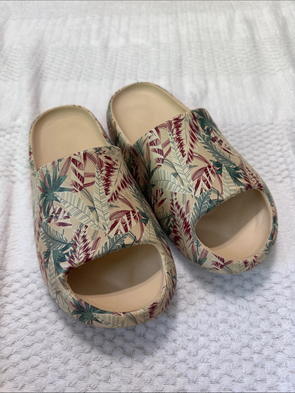 Tropical Print Slide Sandals - Beige, Green & Burgundy
